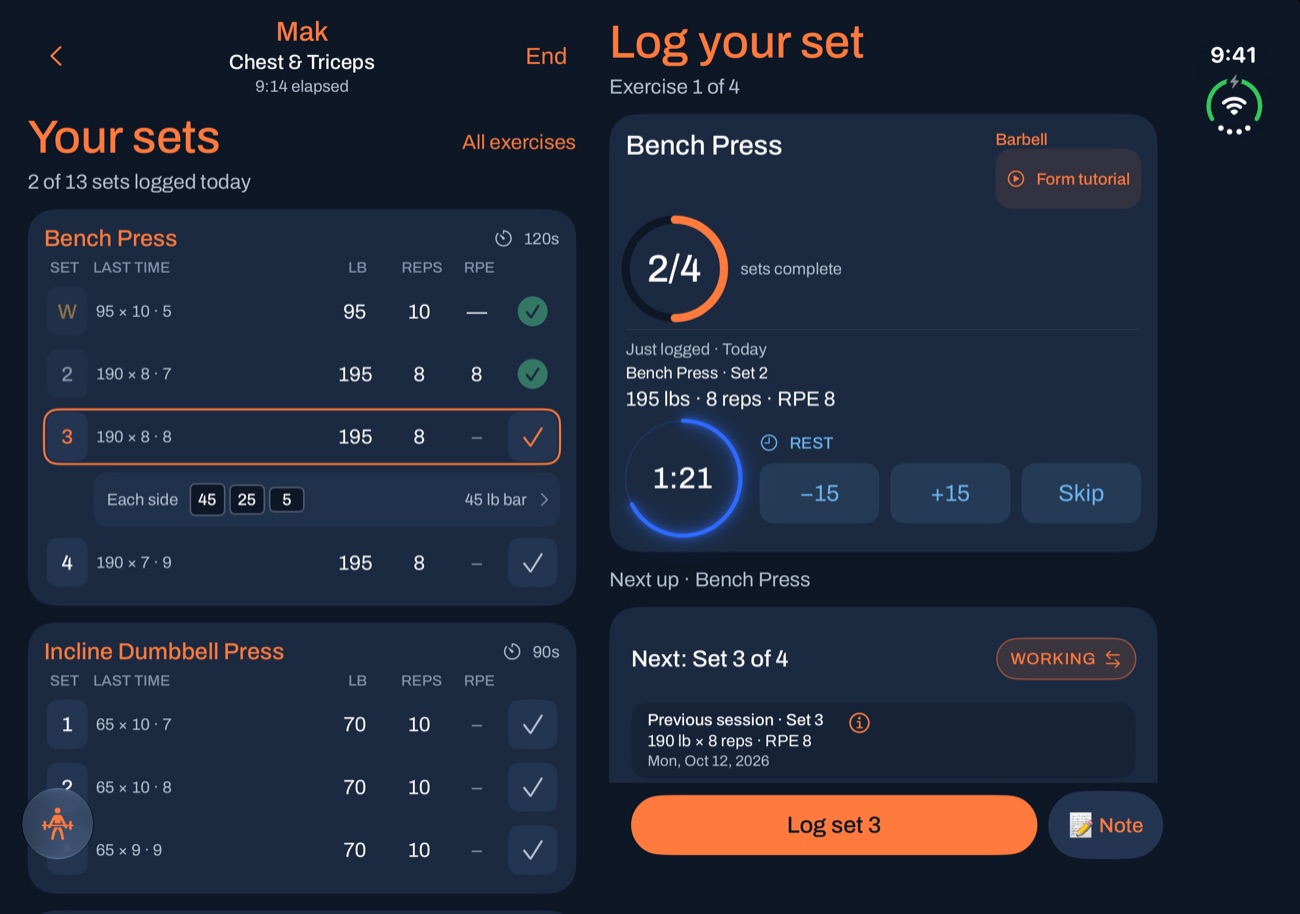 iPhone Duo open: your sets for Bench Press and Incline Dumbbell Press on the left, and Log your set with the rest ring at 1:07 on the right.