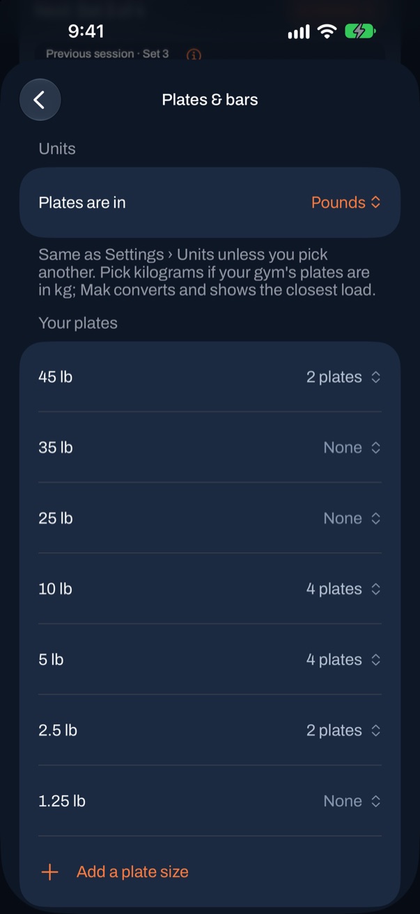 Mak's Plates and bars settings for a home gym: two 45 lb plates, no 35s or 25s, four 10s, four 5s and two 2.5s.