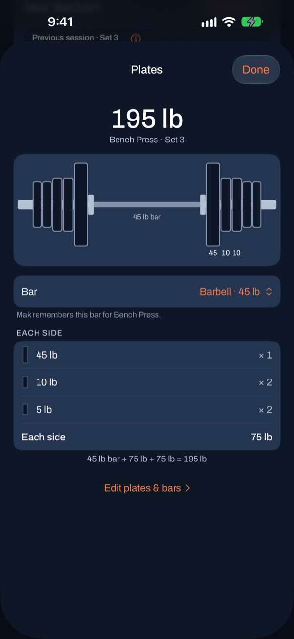 Mak's plate sheet for 195 lb with those plates: on each side of the 45 lb bar, one 45, two 10s and two 5s.