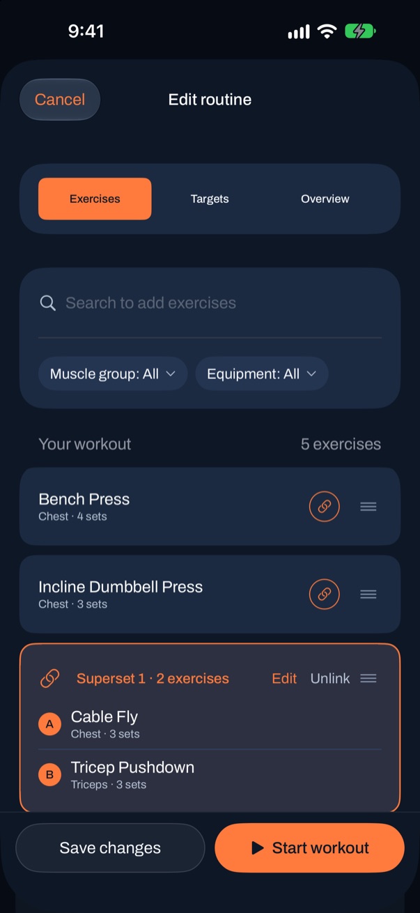 The same screen with the search cleared: five exercises in order, with Cable Fly and Tricep Pushdown linked as Superset 1.