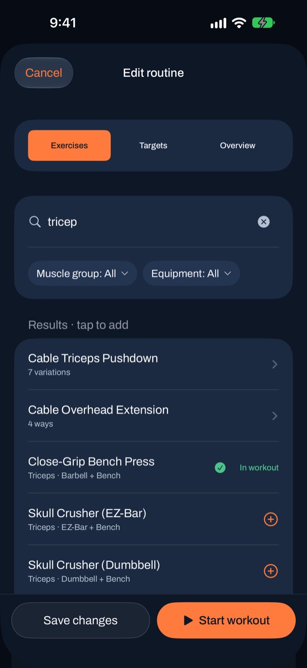 Mak's routine editor searching for tricep: results with a plus to add each one, and Close-Grip Bench Press marked In workout.