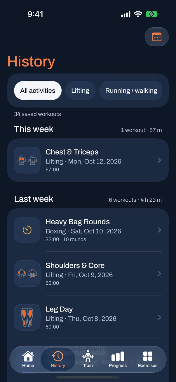 History grouped by week with filters for all activities, lifting and running