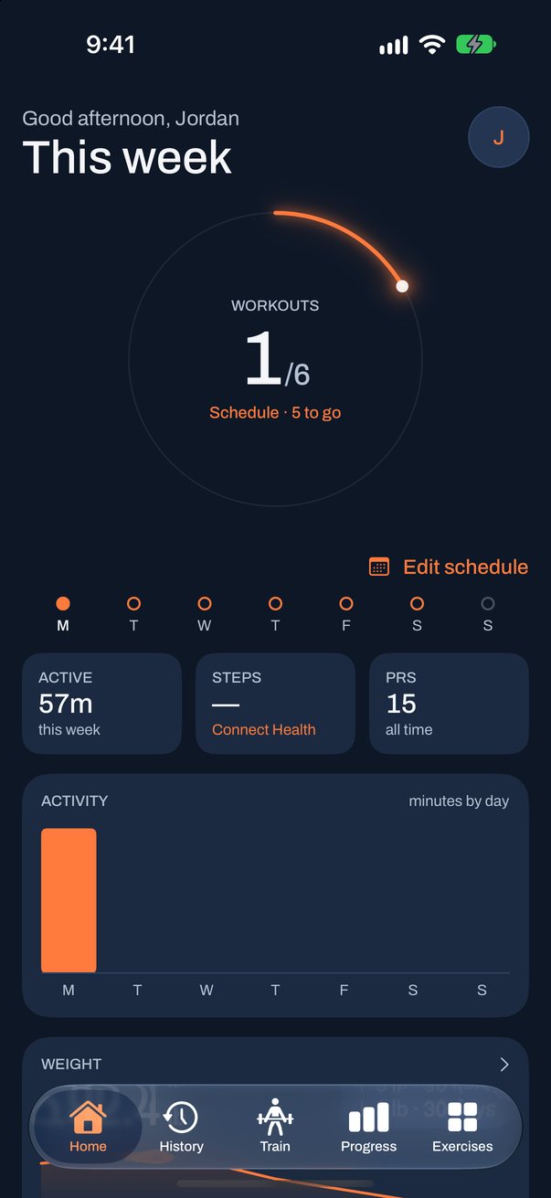 Home: 1 of 6 workouts this week, a schedule from Monday to Sunday and an activity chart