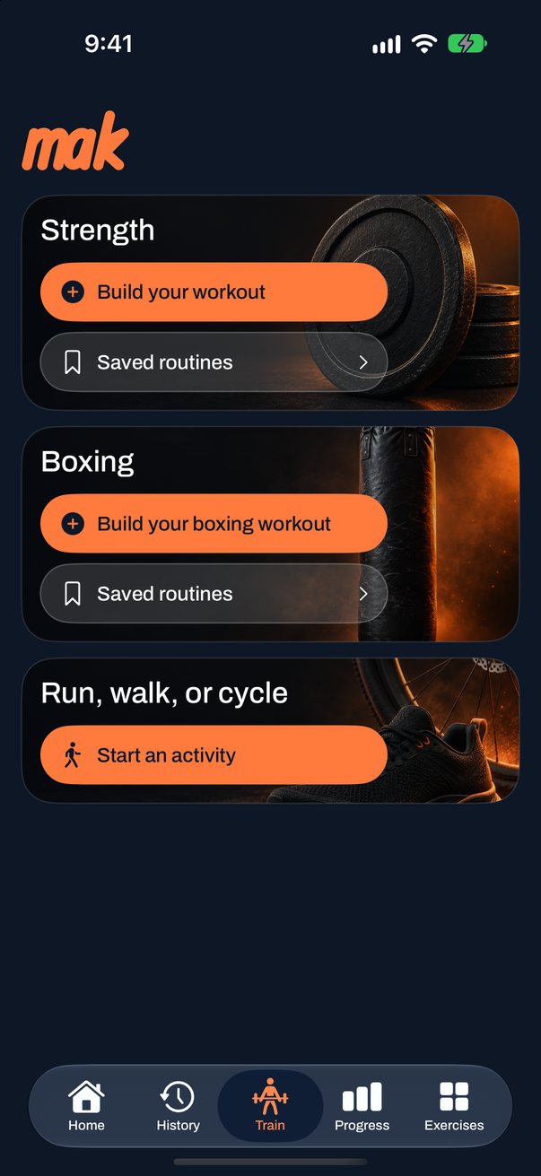Train: Strength, Boxing, and Run, walk or cycle cards, each with a start button