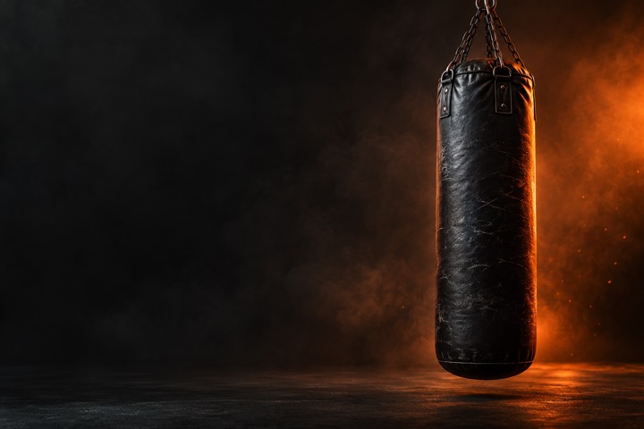 A heavy bag hanging in orange haze