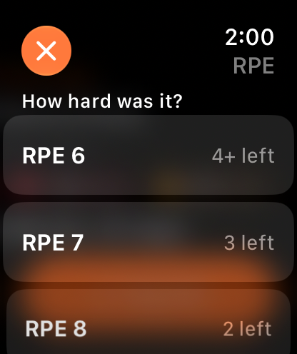 Apple Watch asking how hard was it, with RPE 6, 4+ left; RPE 7, 3 left; and RPE 8, 2 left