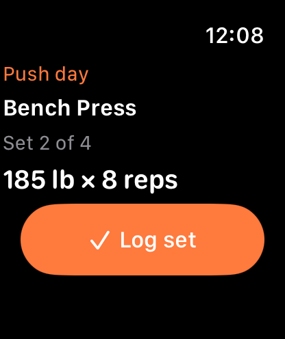 Apple Watch during Push day: Bench Press, set 2 of 4, 185 pounds for 8 reps, with a Log set button